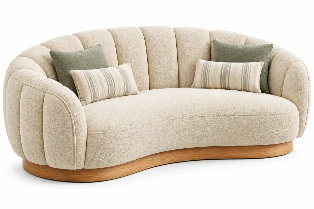 Divano a due posti, profilo curvo e schienale a fasce, beige/marrone