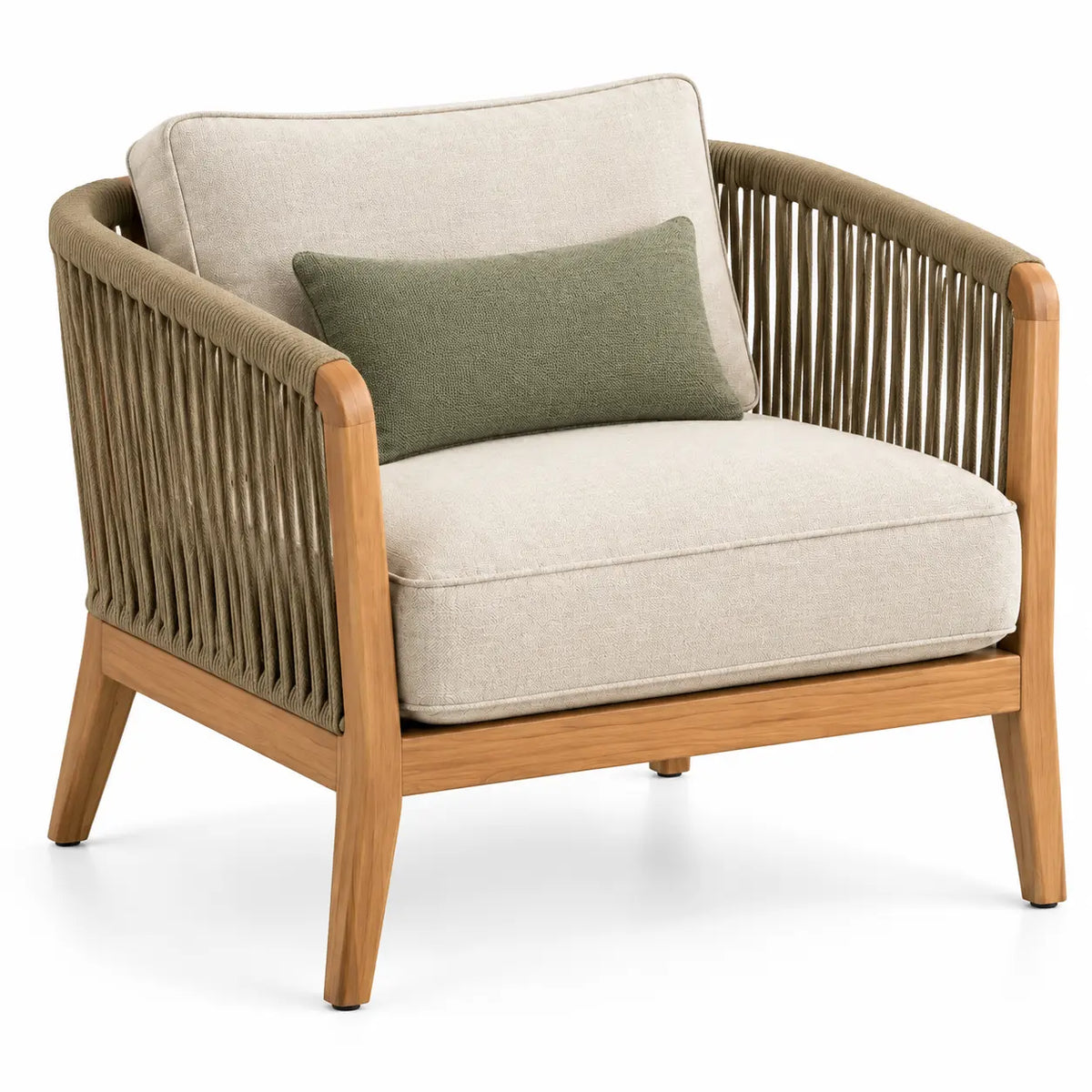 Poltrona, braccioli a listelli e cuscini imbottiti, marrone/verde/beige