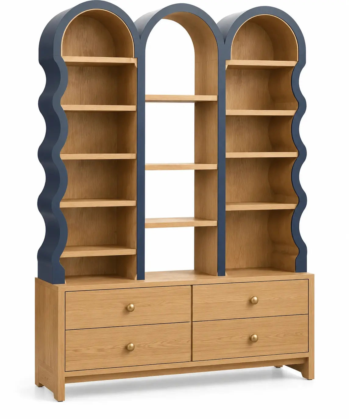 Libreria, tre sezioni ad arco con bordi ondulati, marrone/blu