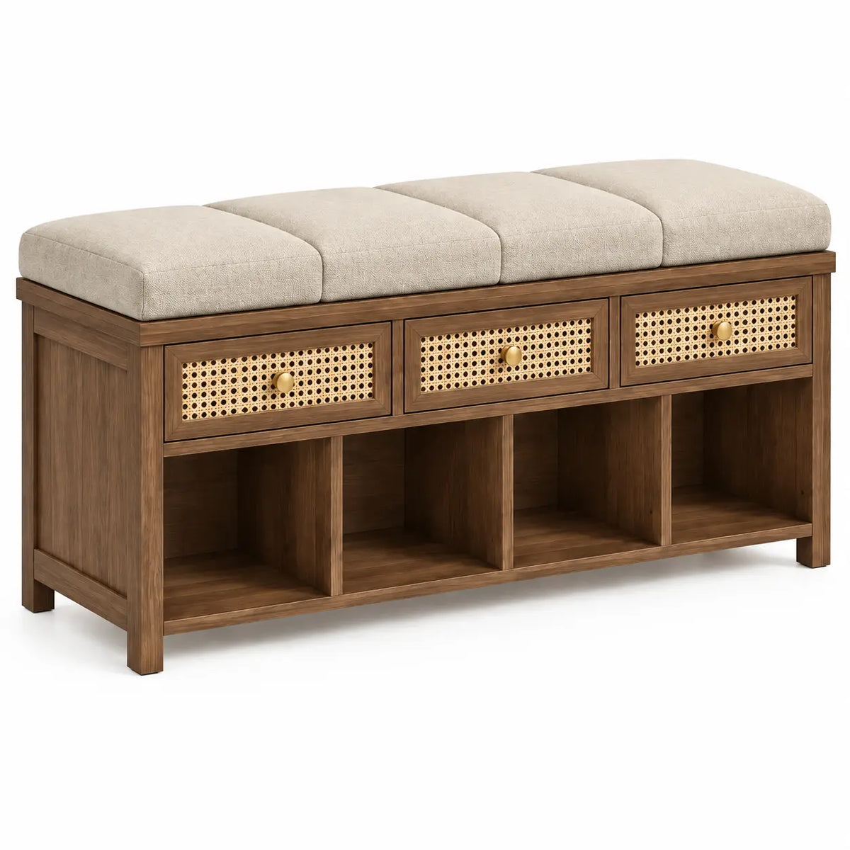 Panca, tre cassetti intrecciati e vani inferiori, marrone/beige