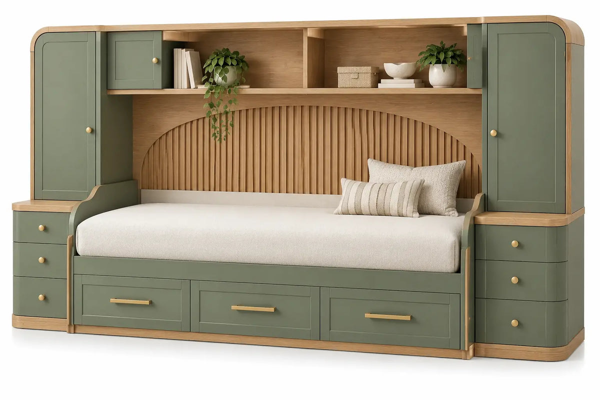 Panca, contenitori laterali e ripiani nello schienale, verde/marrone/beige