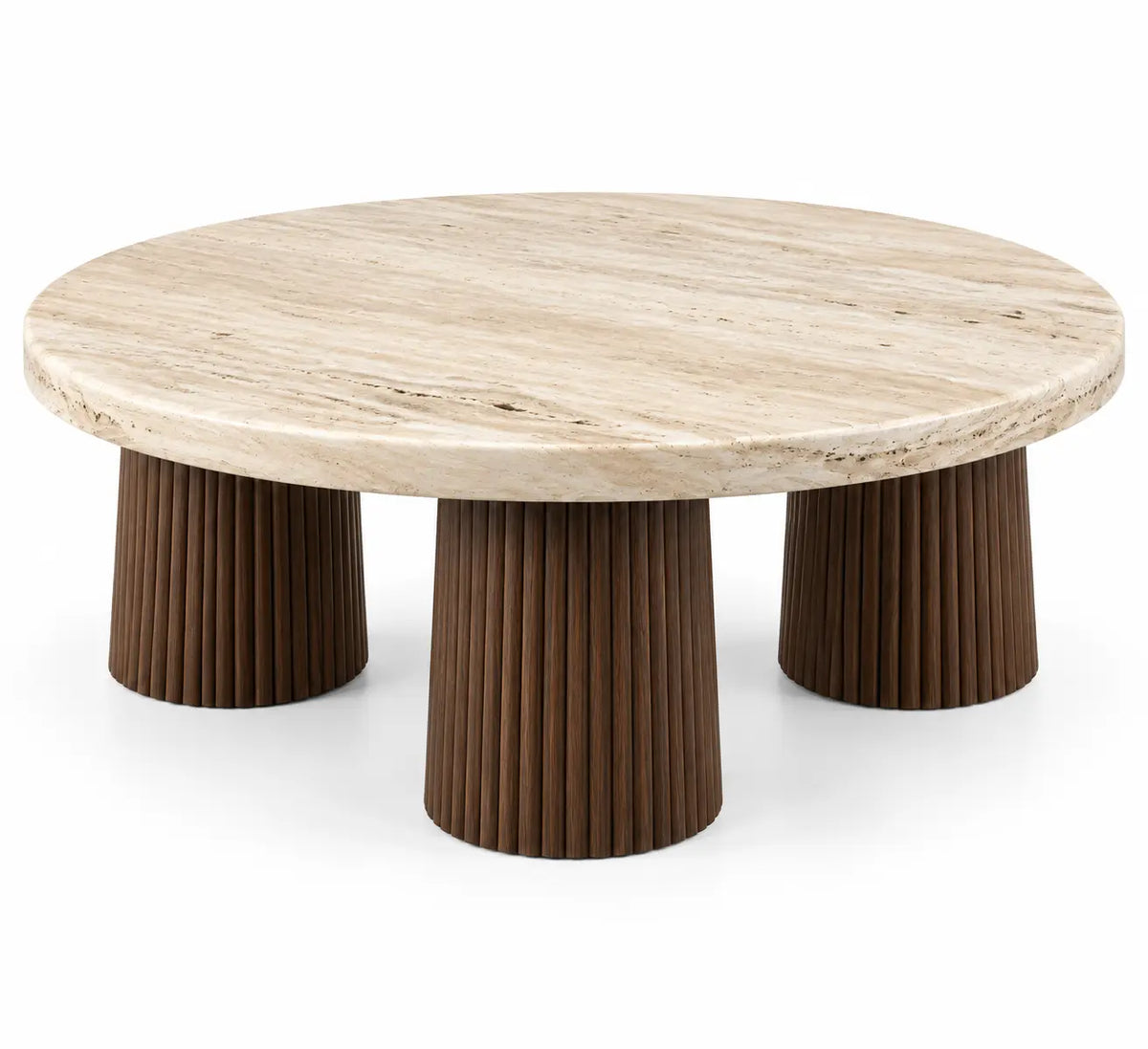 Tavolino da salotto, piano rotondo e tre sostegni scanalati, beige/marrone