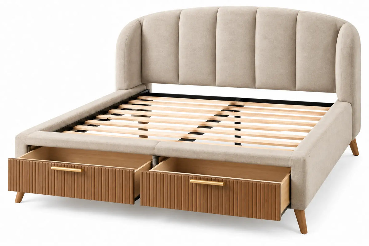 Struttura letto con testiera, testiera imbottita e due cassetti frontali, beige/marrone