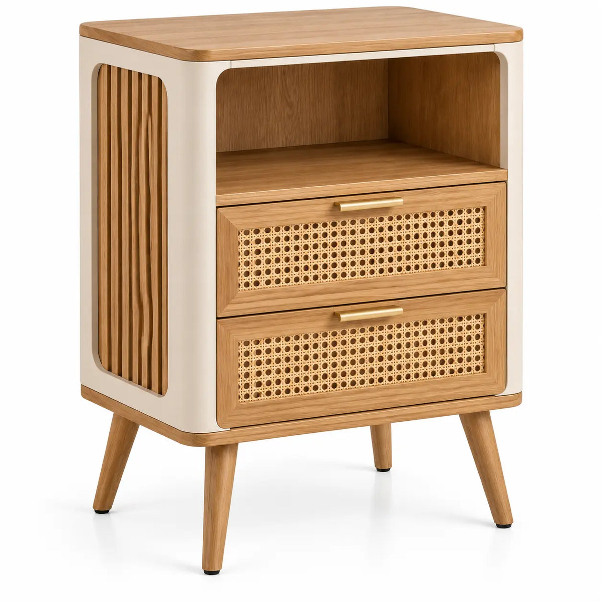 Comodino, vano aperto e due cassetti intrecciati, beige/marrone