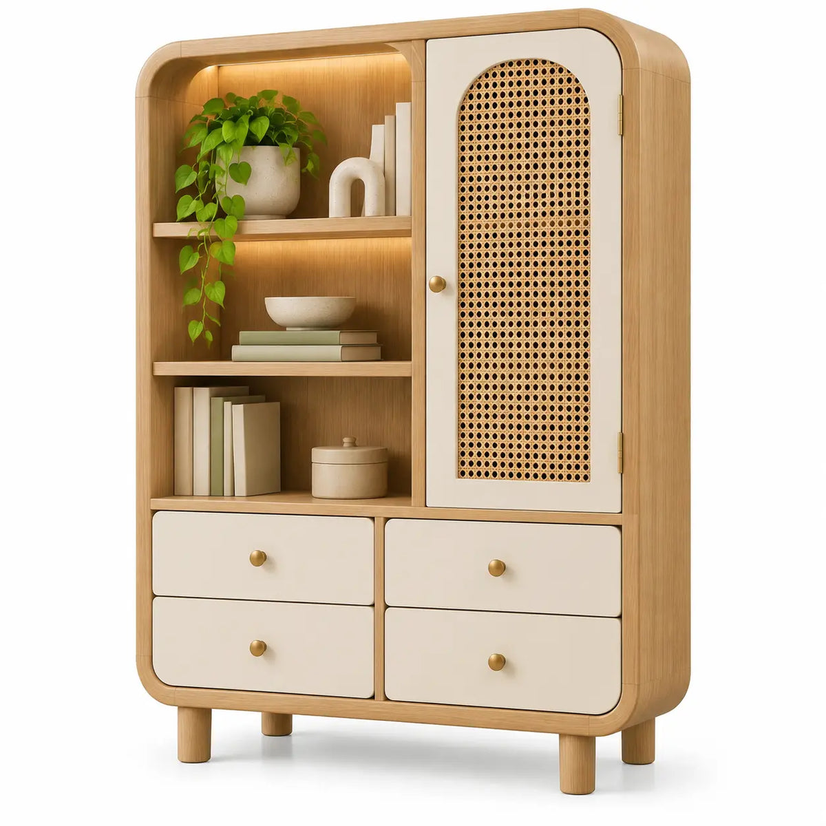 Libreria, anta intrecciata, ripiani laterali e quattro cassetti, marrone/beige